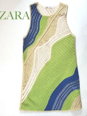 ZARA Crochet Dress/Sleeveless/Blue, Light Green, Light Brown, Cream/Small